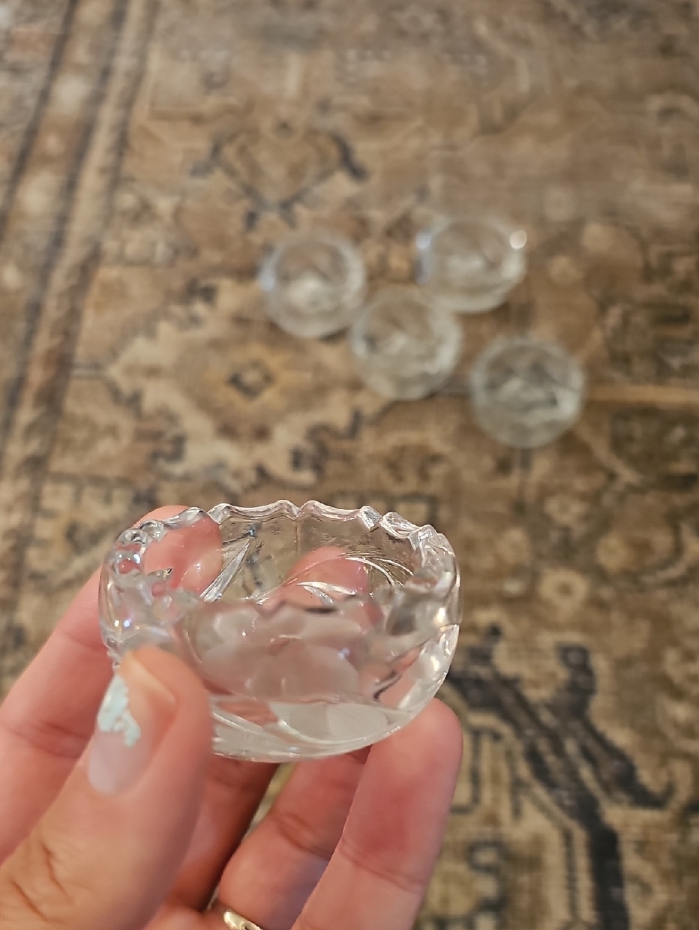 SALE! Set of 5 Glass Open Salt Cellars, Etched Floral And Sawtooth Rim - Picture 3 of 16